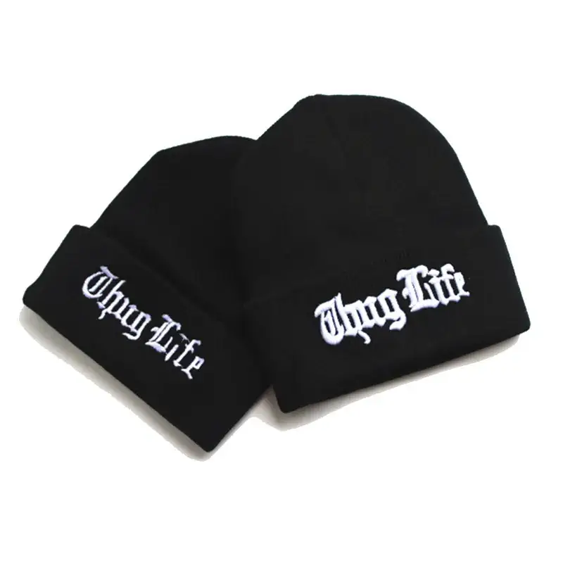 THUG LIFE Wool Knitted Beanie Cap Black Embroidered