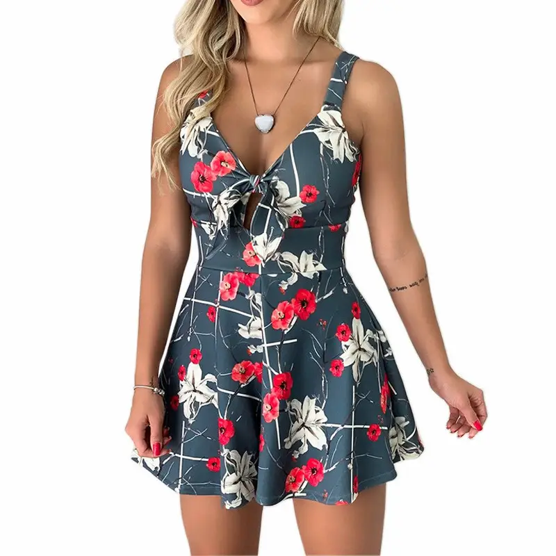 Printed Floral Loose Jumpsuit Shorts Set - Image 2