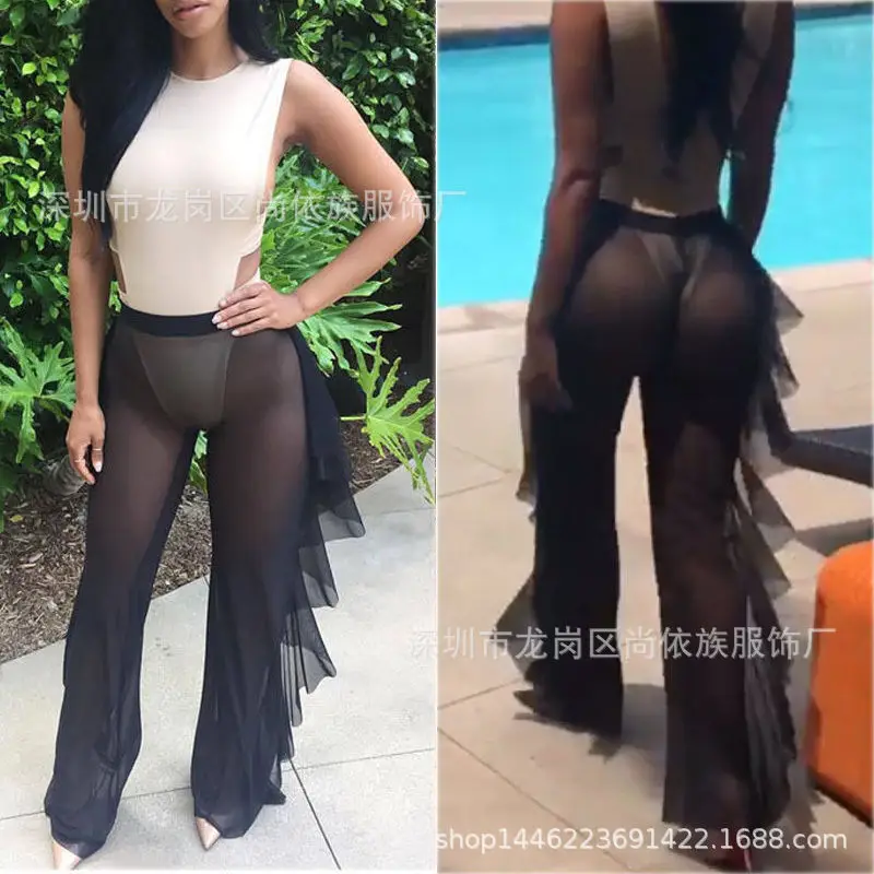 2018 Cross-Border Ruffled Mesh See-Through Pants 9 Colors - Image 13