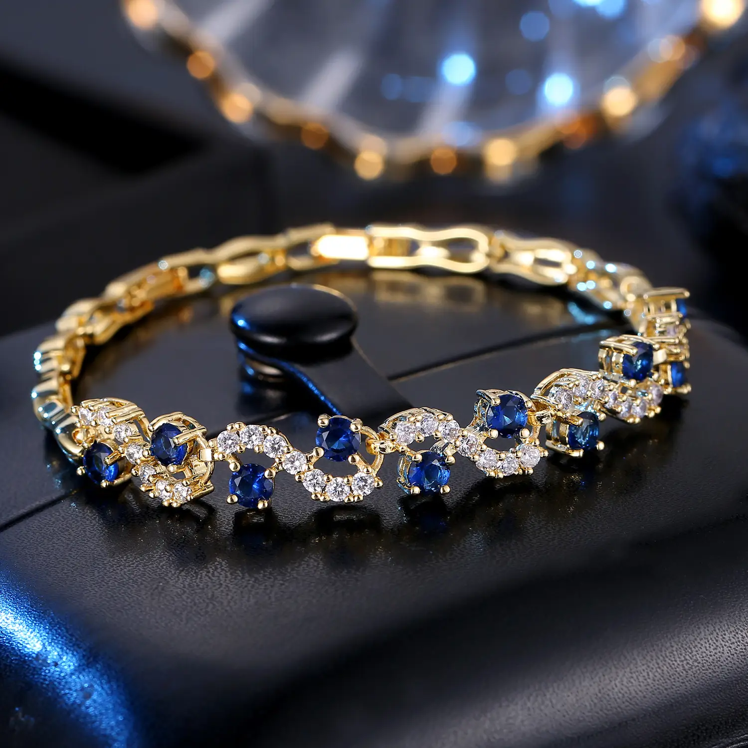 Shiny Zircon Bracelet with Blue Gemstones for Women