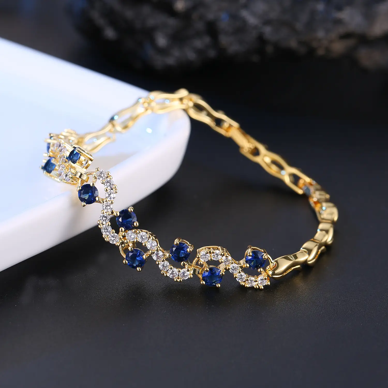 Shiny Zircon Bracelet with Blue Gemstones for Women