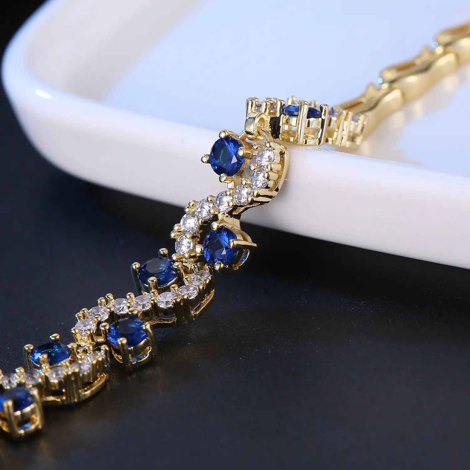 Shiny Zircon Bracelet with Blue Gemstones for Women