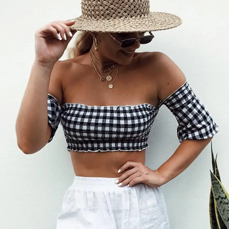 2023 Summer Off-Shoulder Plaid Tube Top Women Black White