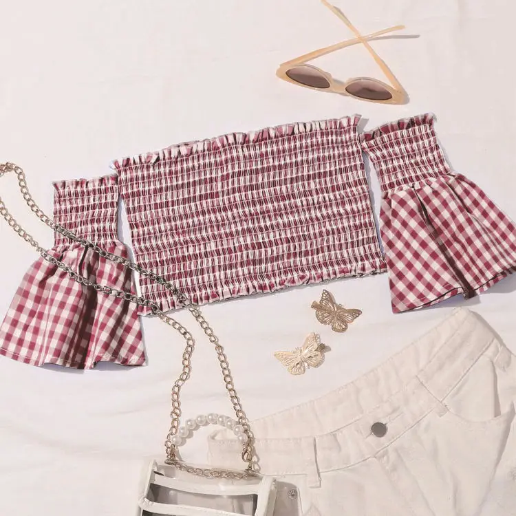 2023 Summer Off-Shoulder Plaid Tube Top Women Black White