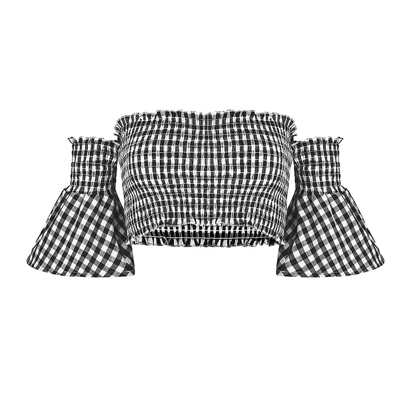 2023 Summer Off-Shoulder Plaid Tube Top Women Black White