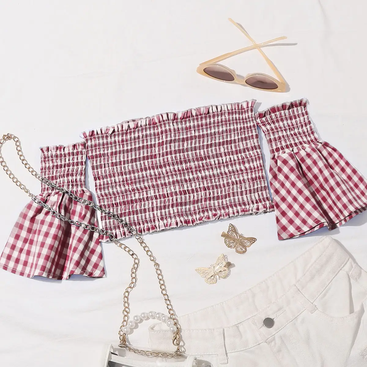 2023 Summer Off-Shoulder Plaid Tube Top Women Black White