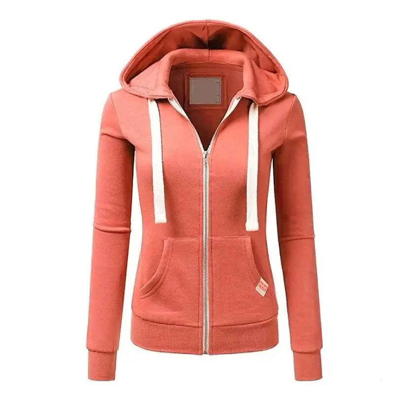 Women Orange Hooded Zipper Hoodie Full Length