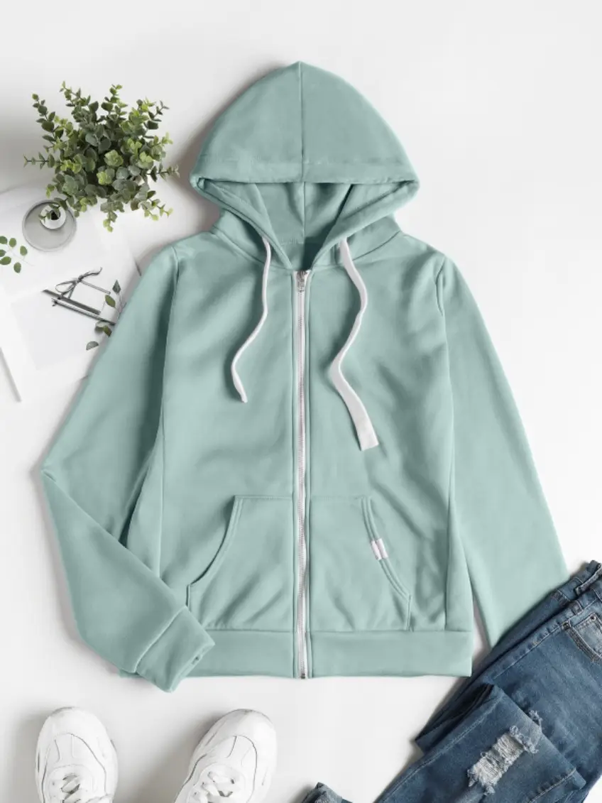 Women Orange Hooded Zipper Hoodie Full Length