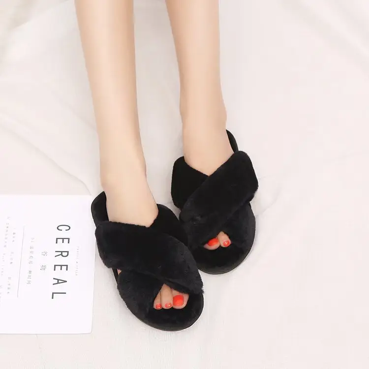 2026 Autumn and Winter New Style Furry Slippers for Women, Open-Toe Cotton Slippers, Cross-Strap Outdoor Wear, Large Size Women's Slippers, Slip-On Slippers