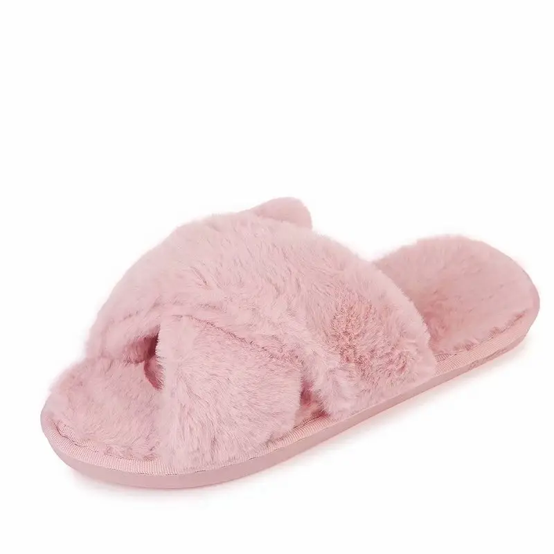 2026 Autumn and Winter New Style Furry Slippers for Women, Open-Toe Cotton Slippers, Cross-Strap Outdoor Wear, Large Size Women's Slippers, Slip-On Slippers