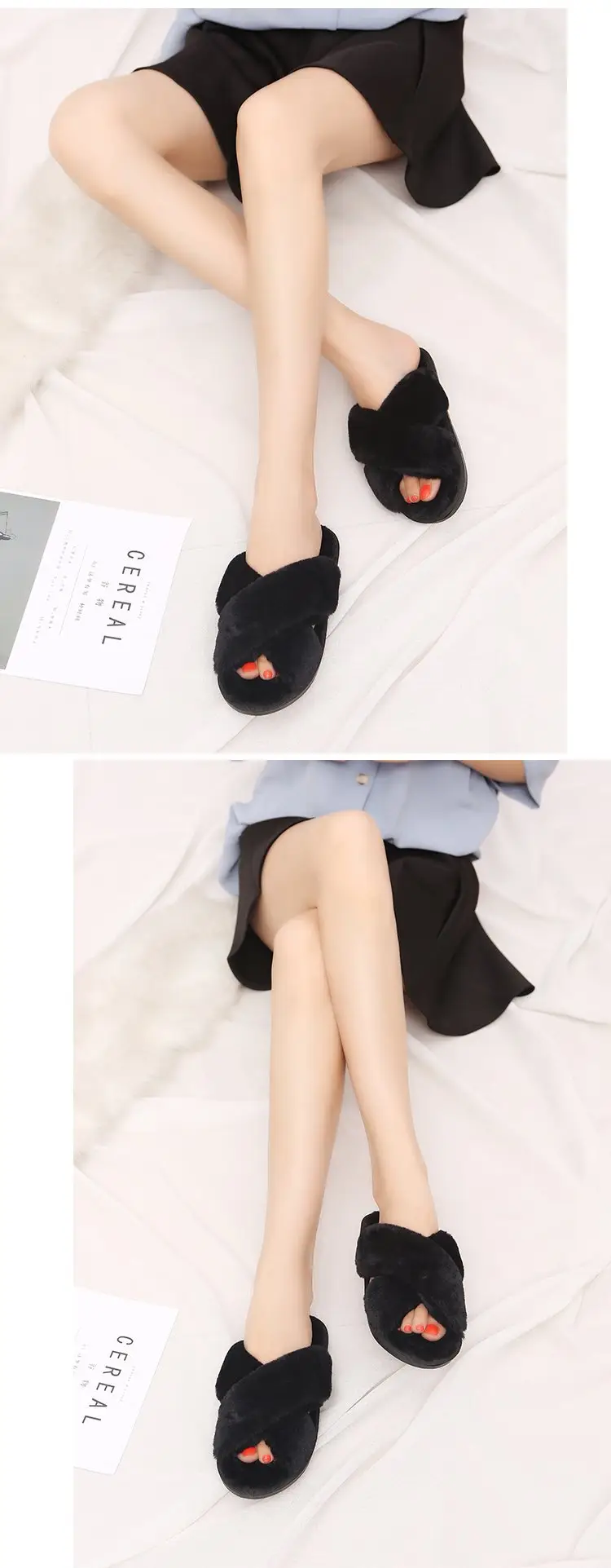 2026 Autumn and Winter New Style Furry Slippers for Women, Open-Toe Cotton Slippers, Cross-Strap Outdoor Wear, Large Size Women's Slippers, Slip-On Slippers — feature 9