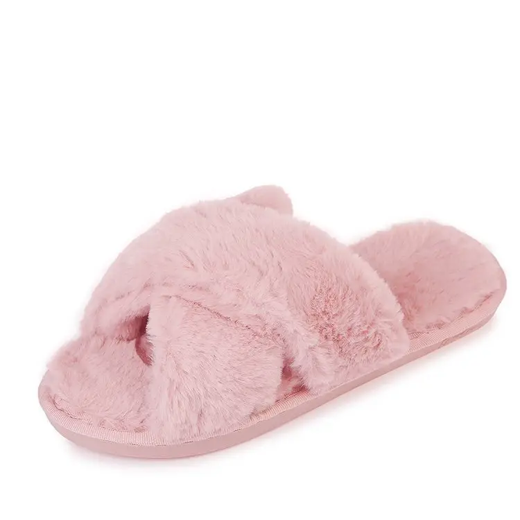2026 Autumn and Winter New Style Furry Slippers for Women, Open-Toe Cotton Slippers, Cross-Strap Outdoor Wear, Large Size Women's Slippers, Slip-On Slippers