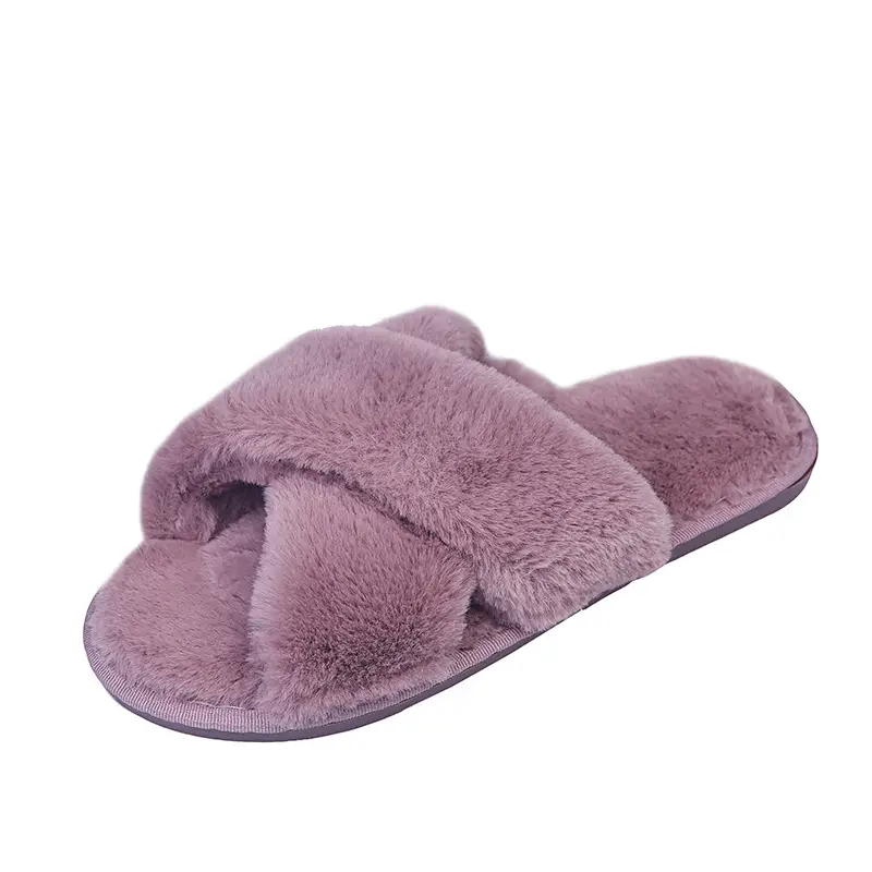 2026 Autumn and Winter New Style Furry Slippers for Women, Open-Toe Cotton Slippers, Cross-Strap Outdoor Wear, Large Size Women's Slippers, Slip-On Slippers