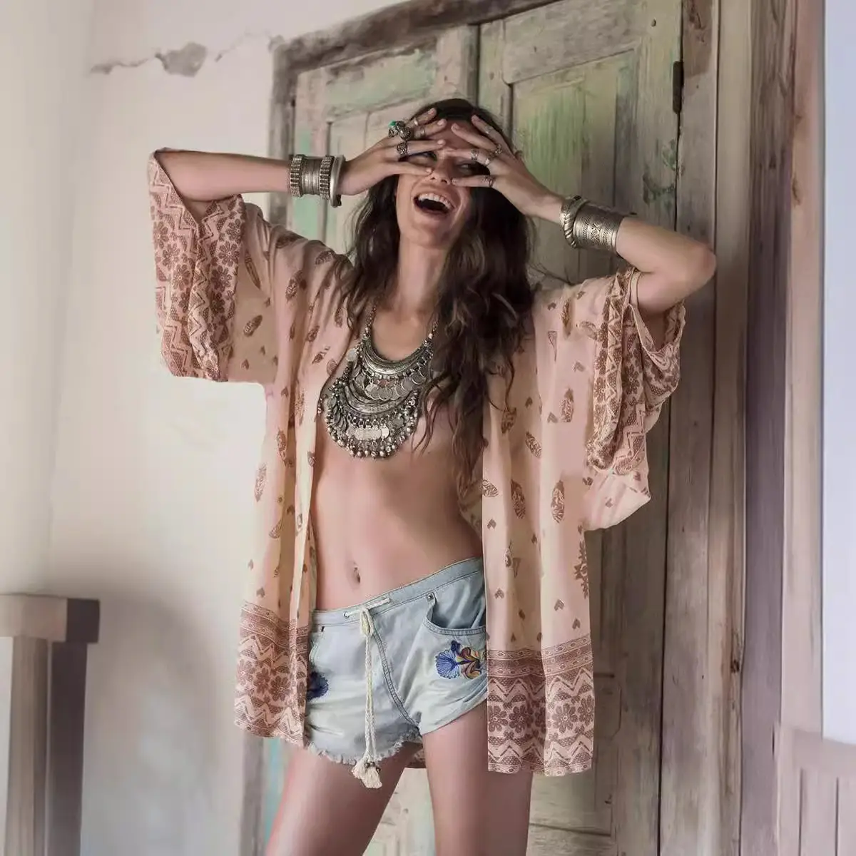 Women's Cross-Border Printed Cardigan Teal Anti-Snatch - Image 5