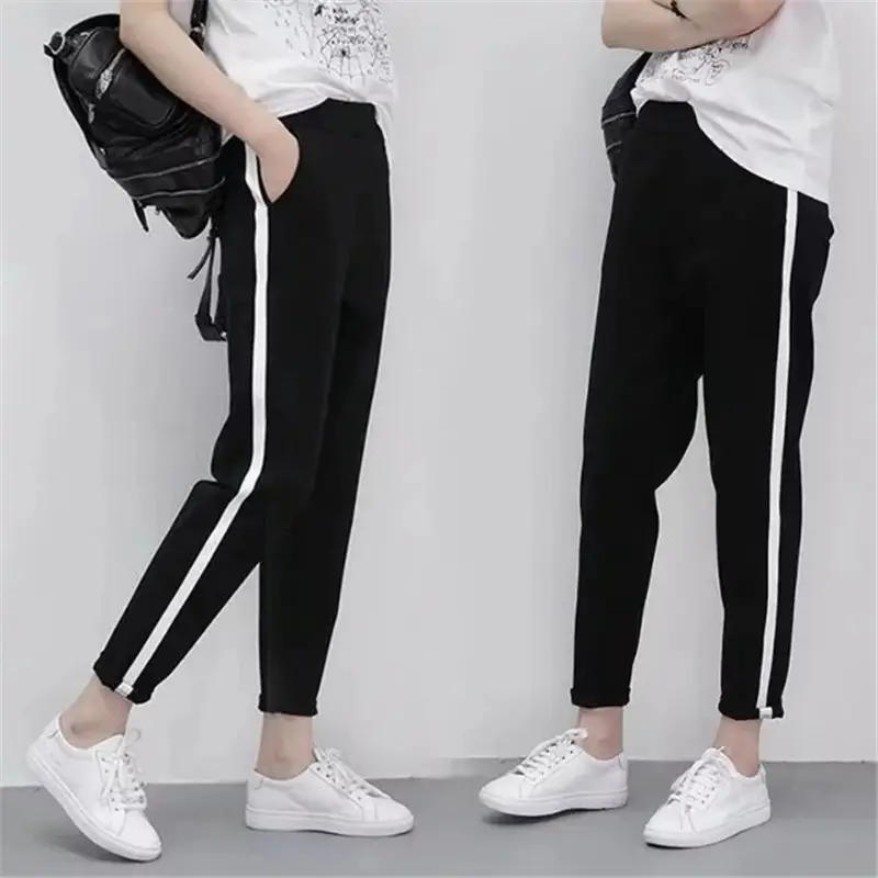 Women's Black White Striped Sweatpants Large Casual Pants - Image 4
