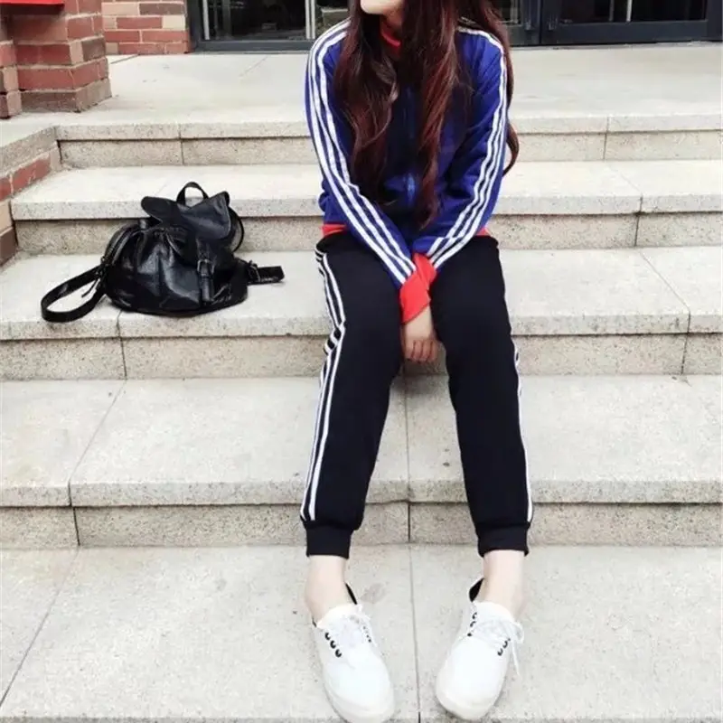 Women's Black White Striped Sweatpants Large Casual Pants - Image 5