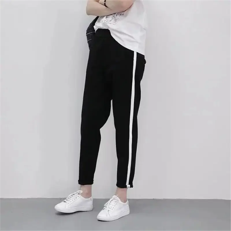 Women's Black White Striped Sweatpants Large Casual Pants - Image 6