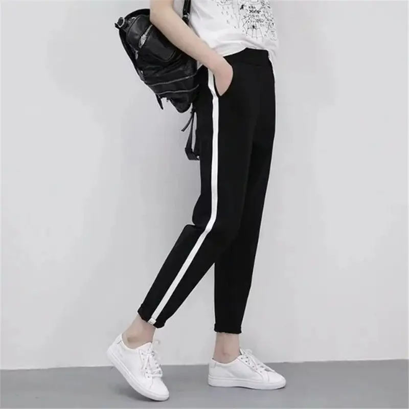 Women's Black White Striped Sweatpants Large Casual Pants - Image 7