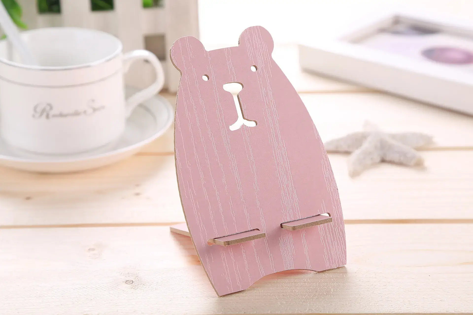 Yellow Wooden Mobile Phone Holder Bear Design - Image 2