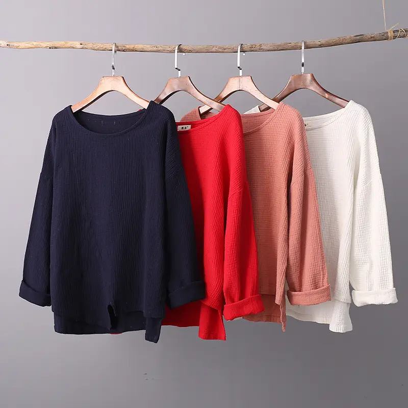 Women's Red Cotton Linen Loose Top Long Sleeve T-Shirt - Image 5