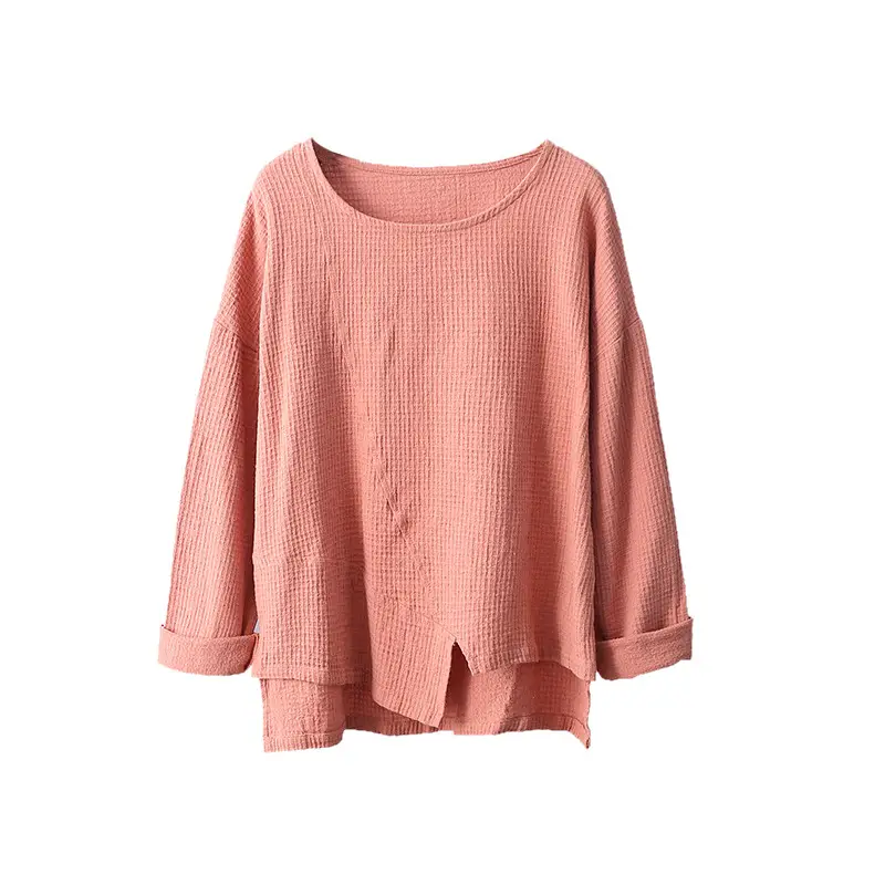 Women's Red Cotton Linen Loose Top Long Sleeve T-Shirt - Image 6