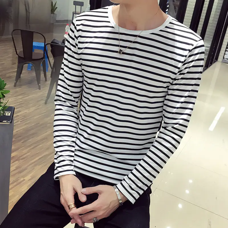 Men Long Sleeve Striped T-Shirt White Black 2018 - Image 3