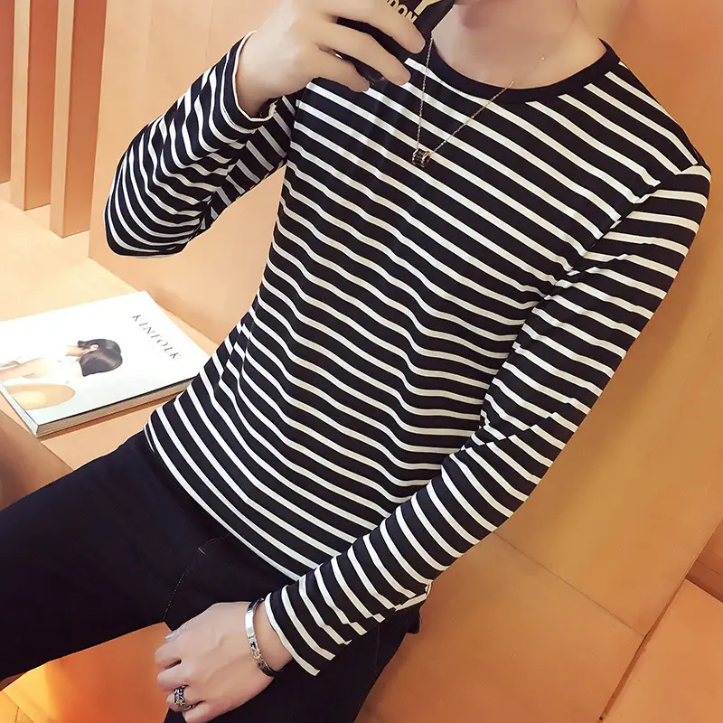 Men Long Sleeve Striped T-Shirt White Black 2018 - Image 4