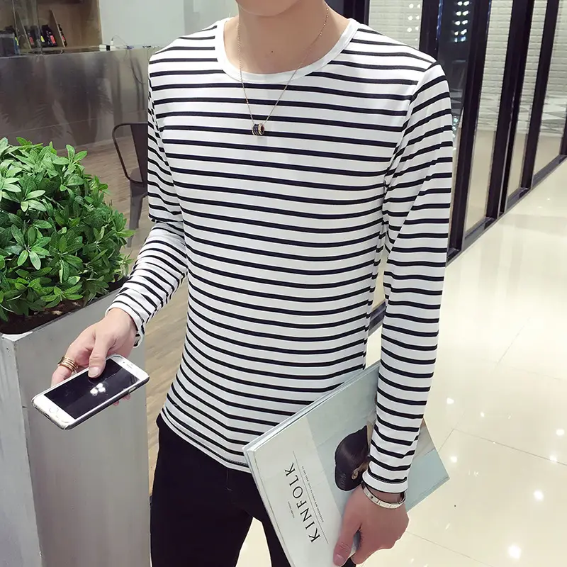 Men Long Sleeve Striped T-Shirt White Black 2018 - Image 5