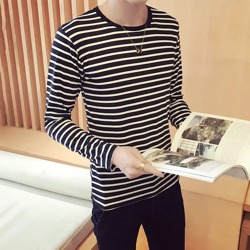 Men Long Sleeve Striped T-Shirt White Black 2018 - Image 6