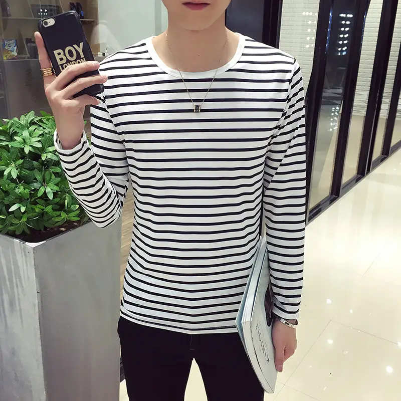 Men Long Sleeve Striped T-Shirt White Black 2018 - Image 7