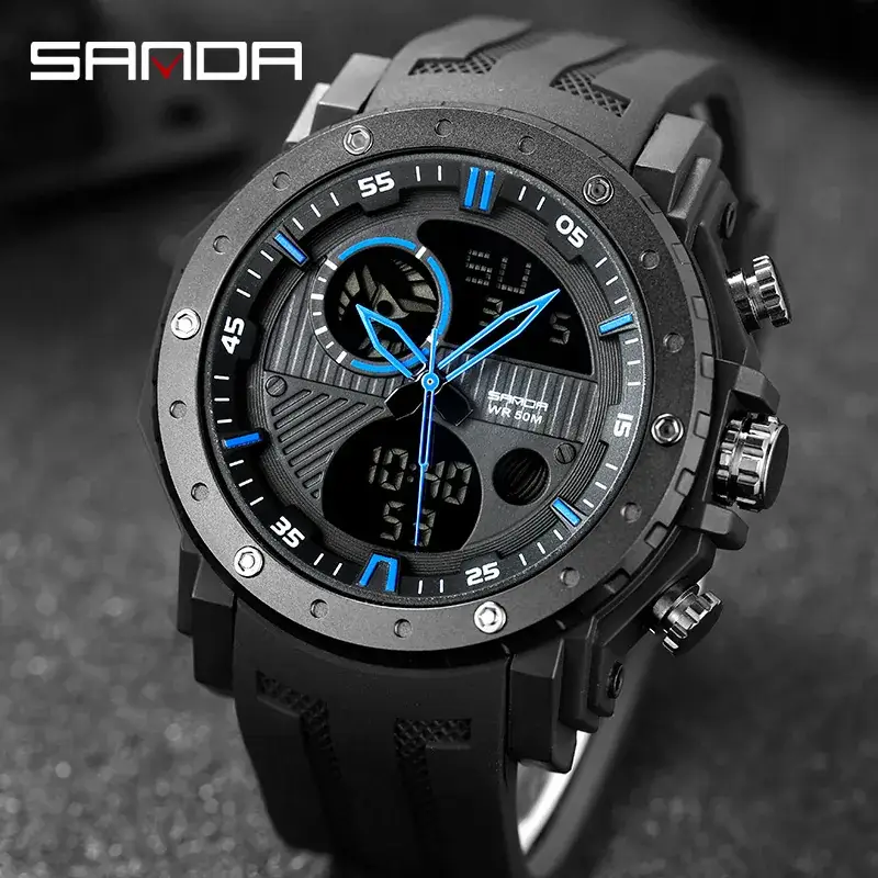 Sanda Black Multifunctional Dual Display Watch - Image 7
