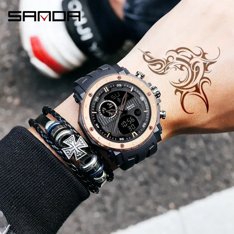 Sanda Black Multifunctional Dual Display Watch - Image 8