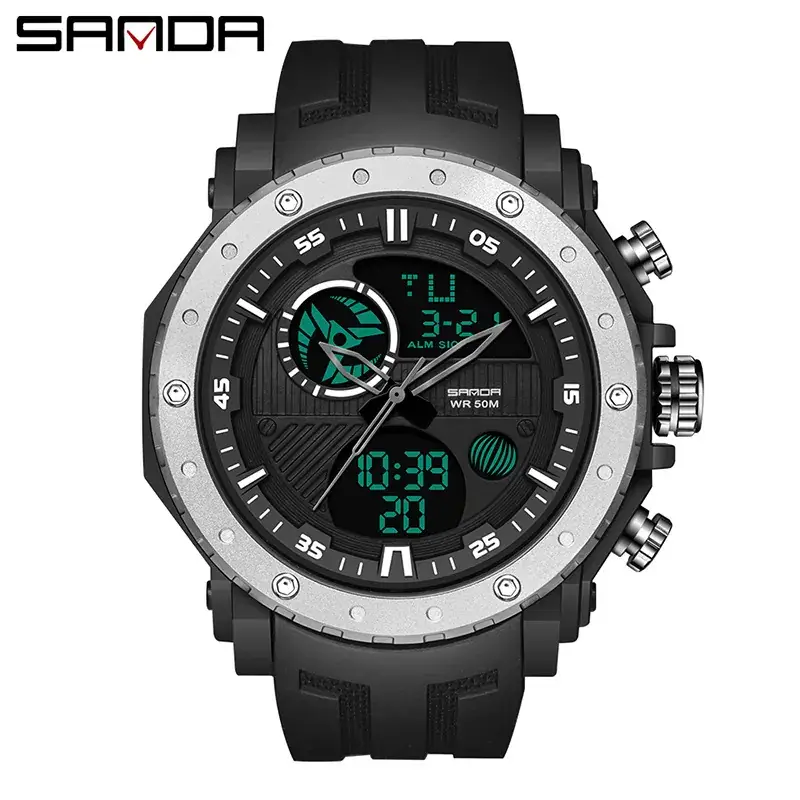 Sanda Black Multifunctional Dual Display Watch - Image 3