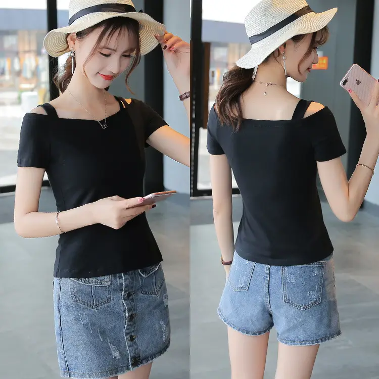 New Women's Black Cold Shoulder Top Slim V-Neck Short Sleeve - Image 3