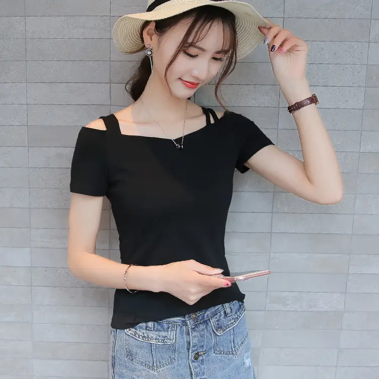 New Women's Black Cold Shoulder Top Slim V-Neck Short Sleeve - Image 4