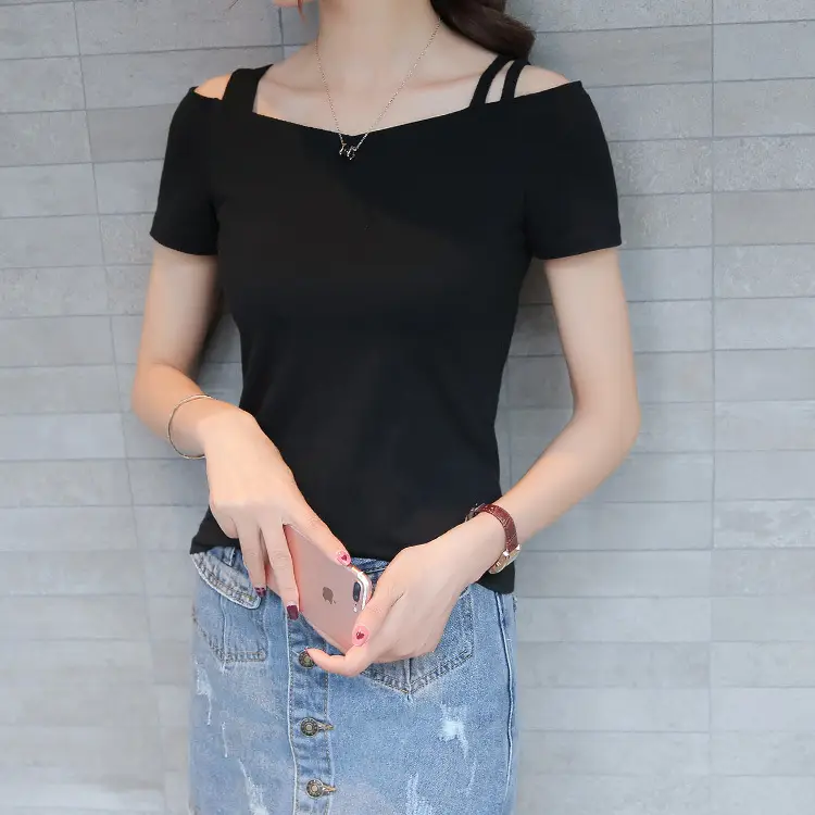New Women's Black Cold Shoulder Top Slim V-Neck Short Sleeve - Image 5