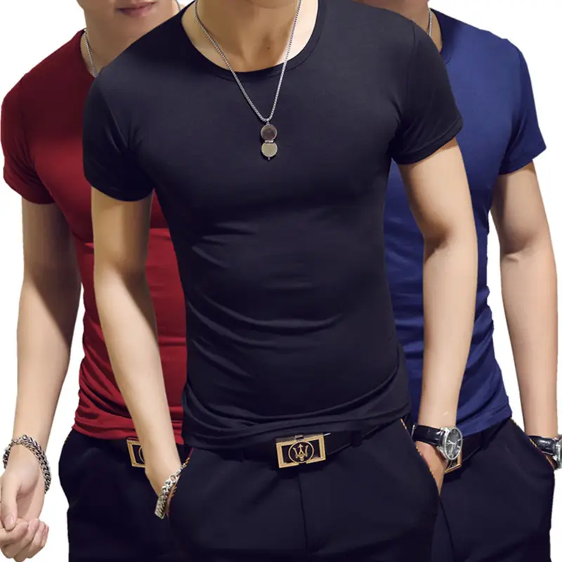 Men's 2024 Summer V-Neck T-Shirt Solid Green Slim Fit
