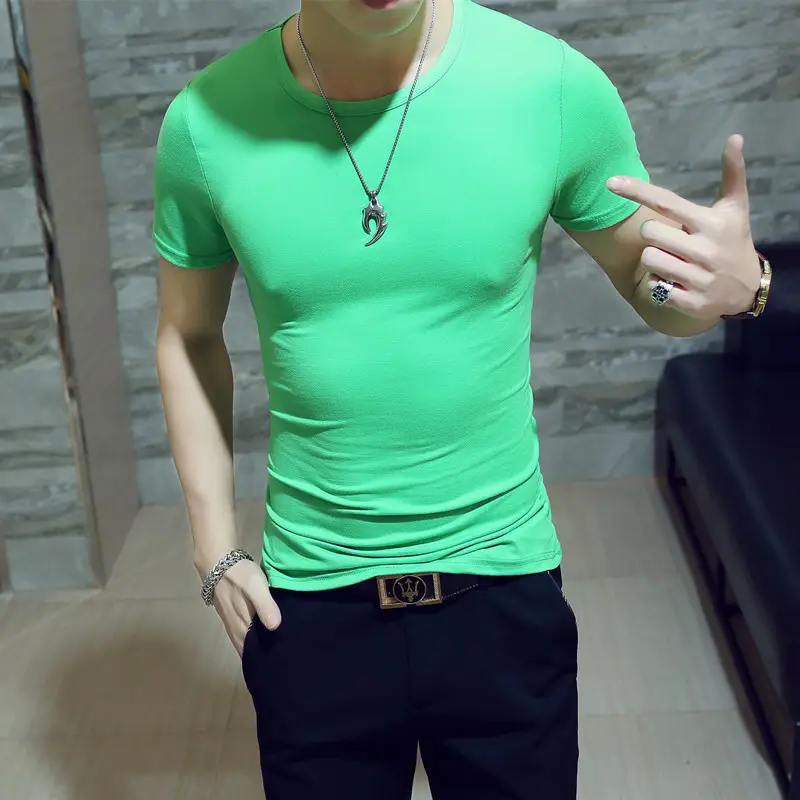Men's 2024 Summer V-Neck T-Shirt Solid Green Slim Fit