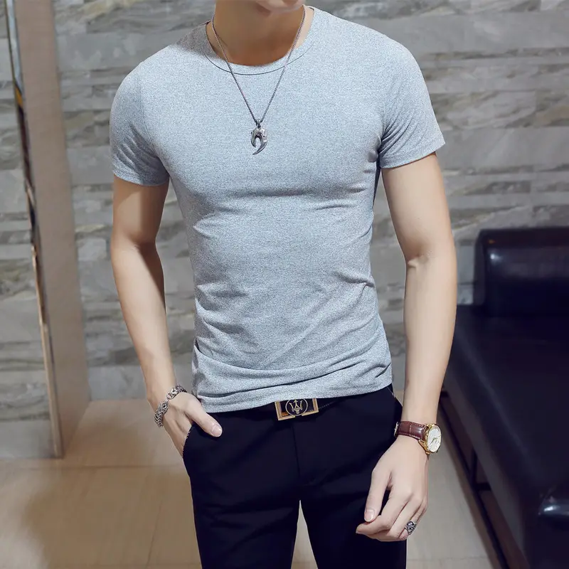 Men's 2024 Summer V-Neck T-Shirt Solid Green Slim Fit