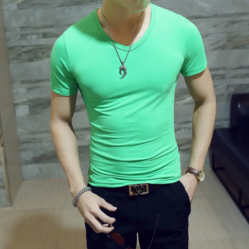 Men's 2024 Summer V-Neck T-Shirt Solid Green Slim Fit