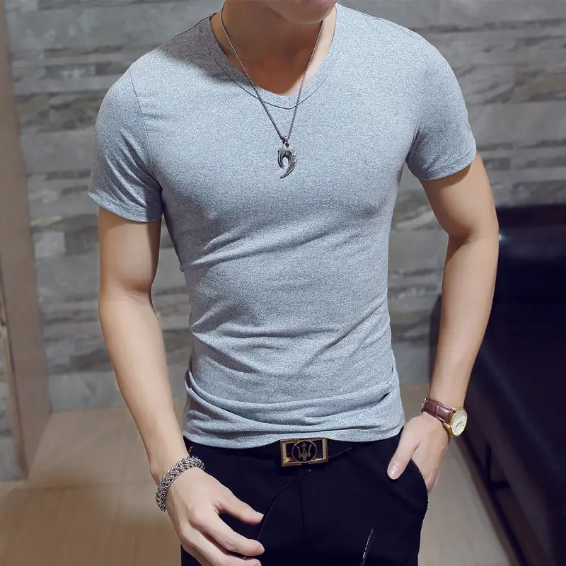 Men's 2024 Summer V-Neck T-Shirt Solid Green Slim Fit