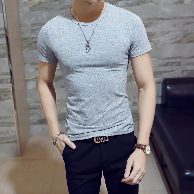 Men's 2024 Summer V-Neck T-Shirt Solid Green Slim Fit
