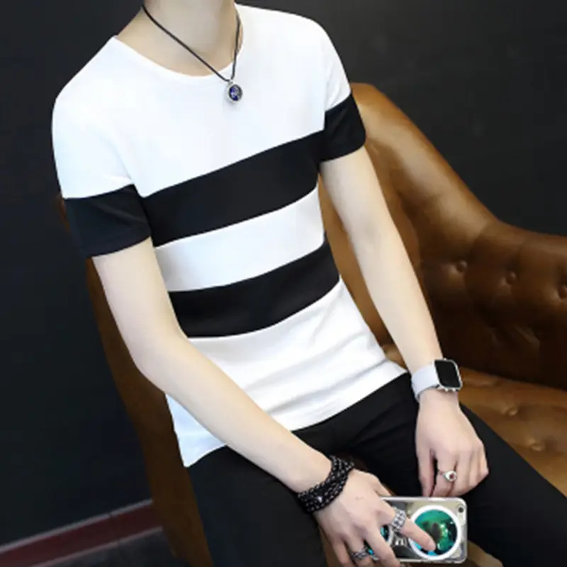 Men's White Striped Short Sleeve T-Shirt Slim Fit - Image 4