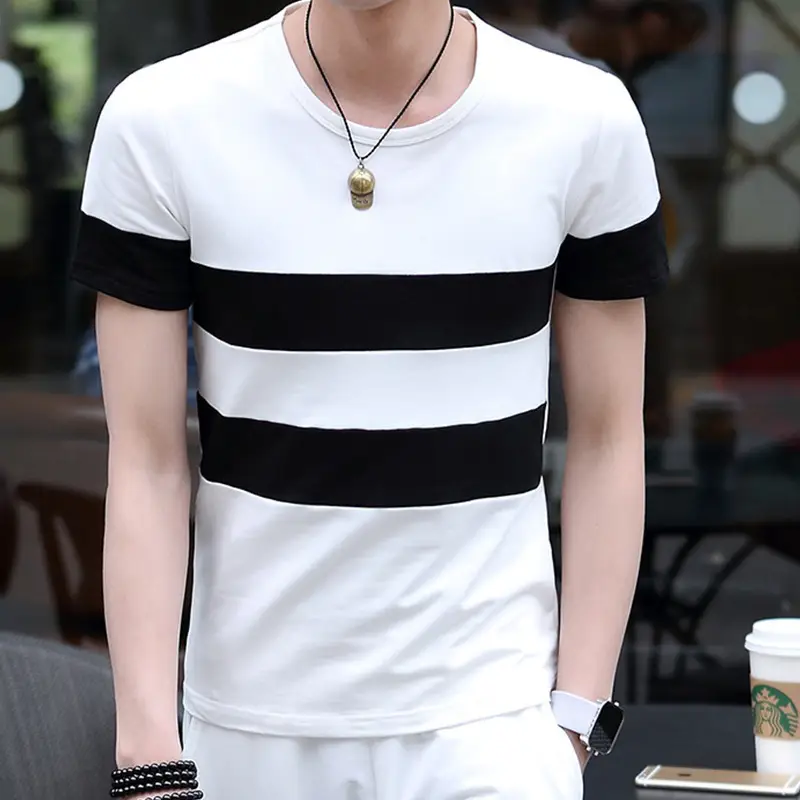Men's White Striped Short Sleeve T-Shirt Slim Fit - Image 6