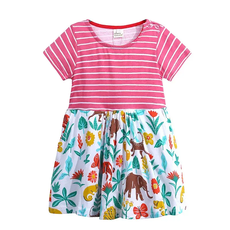 Kids Printed Striped Skirt Dress Pink Elephant Design