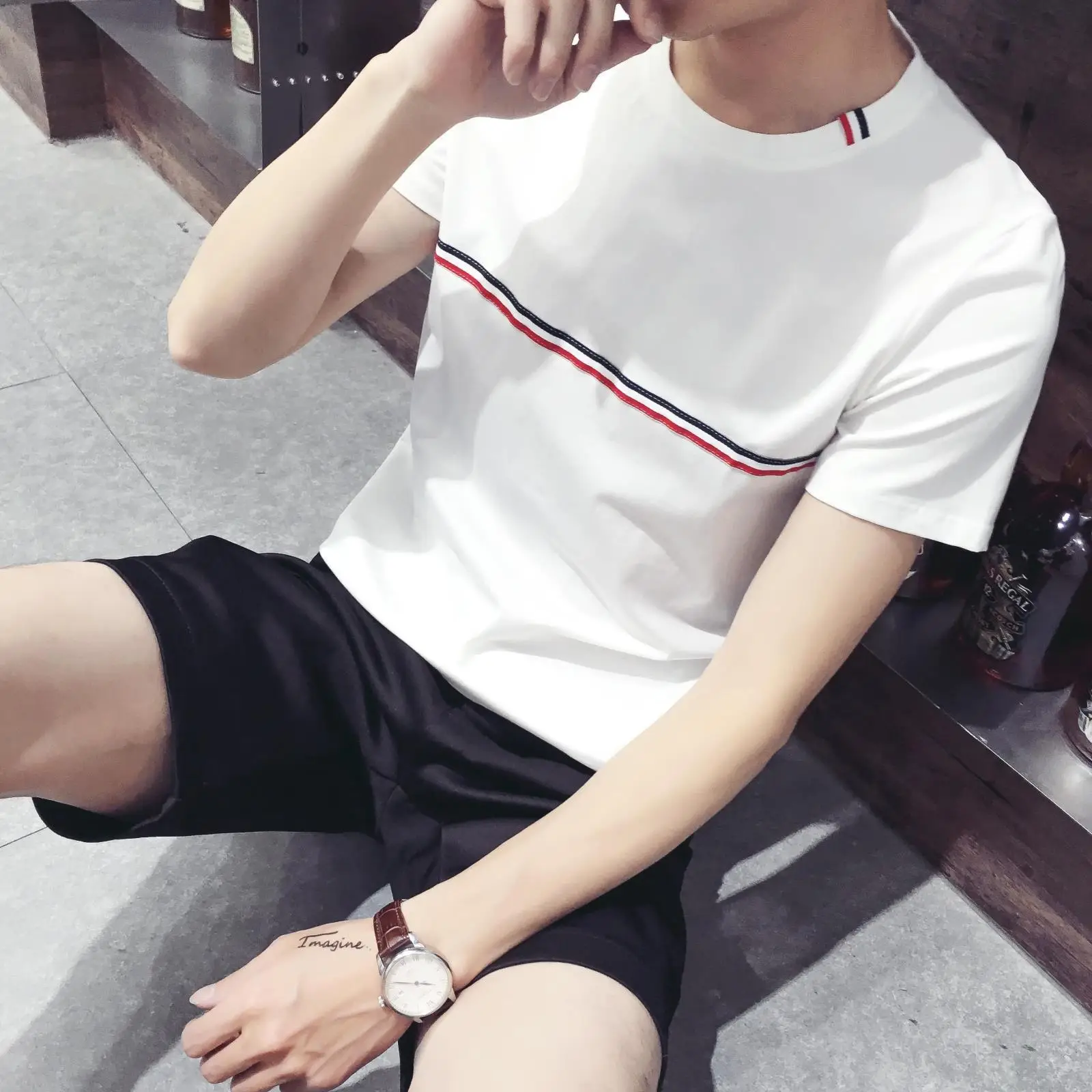 Men Korean Style White Short Sleeve T-Shirt Slim Fit