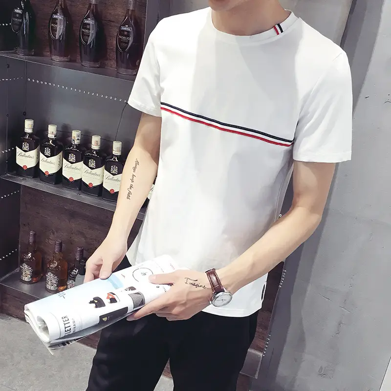 Men Korean Style White Short Sleeve T-Shirt Slim Fit