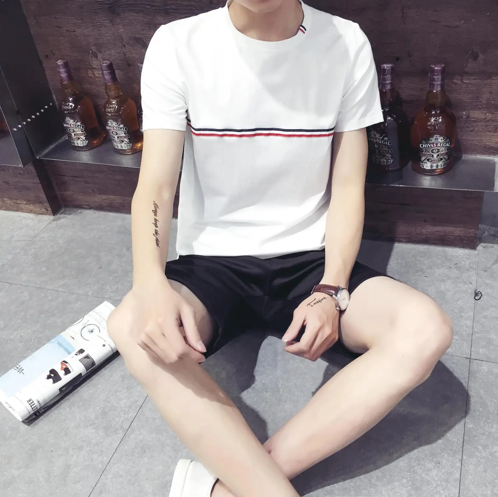 Men Korean Style White Short Sleeve T-Shirt Slim Fit