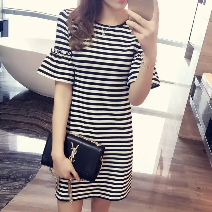 Women Striped Mid-Length T-Shirt Summer Wear - Image 2
