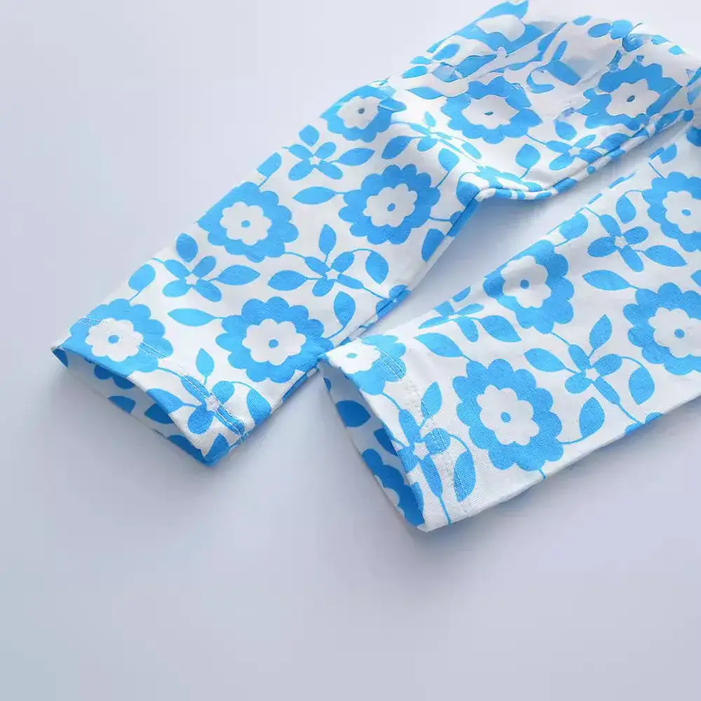 Blue Floral Printed Stretch Leggings for Girls